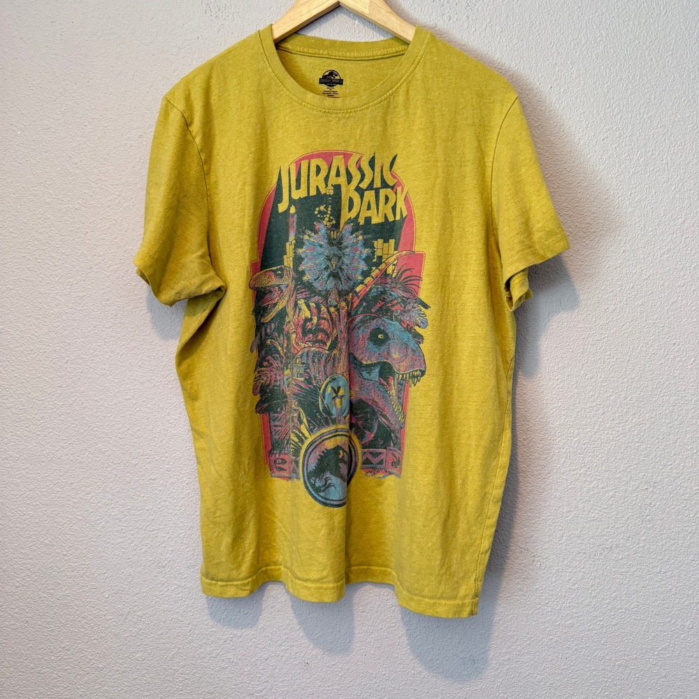 Jurassic Park Men XL Mustard Yellow Graphic T-Shirt Dinosaur T-Rex Movie Tee